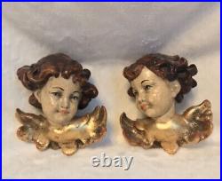 2 Antique early 1800's Religious Handcarved Wood Polychrome Statues ANGEL CHERUB