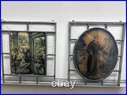 2 Vintage Religious Leaded Stained Glass Window Panel Saint IHS Church Art