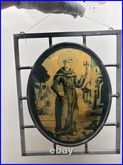 2 Vintage Religious Leaded Stained Glass Window Panel Saint IHS Church Art