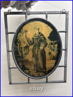 2 Vintage Religious Leaded Stained Glass Window Panel Saint IHS Church Art