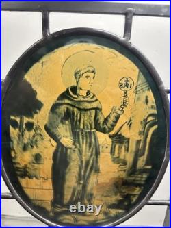 2 Vintage Religious Leaded Stained Glass Window Panel Saint IHS Church Art