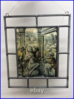 2 Vintage Religious Leaded Stained Glass Window Panel Saint IHS Church Art