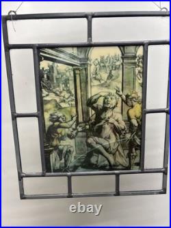 2 Vintage Religious Leaded Stained Glass Window Panel Saint IHS Church Art