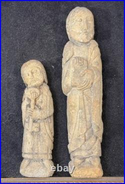 2 antique French 11-12th c. Carved sandstone religious Ecclesiastical sculpture