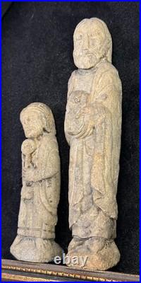 2 antique French 11-12th c. Carved sandstone religious Ecclesiastical sculpture