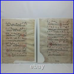 2 page Antique Manuscript Leaf Vellum Gregorian Chant Choir Book Music