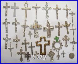 32 vintage crucifix cross pendant catholic Christian religious lot EL1148