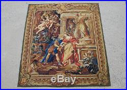 4.3'X4.7' Religious Antique Aubusson Tapestry Flat Weave Cherubs God Father Wool