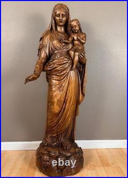 48 1700's Antique Religious Solid Wood Statue/Sculpture of Mother Mary & Jesus