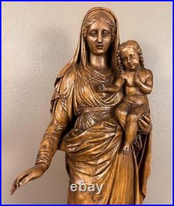 48 1700's Antique Religious Solid Wood Statue/Sculpture of Mother Mary & Jesus