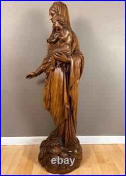 48 1700's Antique Religious Solid Wood Statue/Sculpture of Mother Mary & Jesus