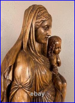 48 1700's Antique Religious Solid Wood Statue/Sculpture of Mother Mary & Jesus