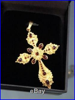 4Ct Pear Syn Ruby Bezel Vintage Antique Holy Cross Pendant Yellow Gold Fn Silver