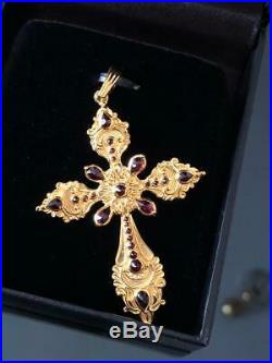 4Ct Pear Syn Ruby Bezel Vintage Antique Holy Cross Pendant Yellow Gold Fn Silver