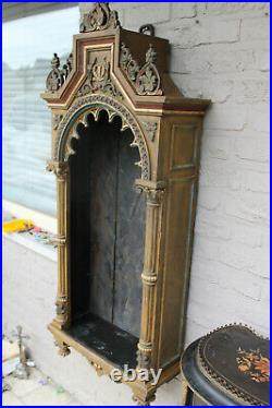 55 Antique neo gothic church wood carved polychrome wall chapel saint religious