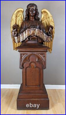 57 Tall Antique Gothic Religious Angel Pulpit/Lectern/Statue in Gilded Oak Wood