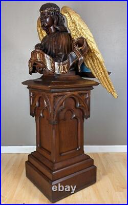 57 Tall Antique Gothic Religious Angel Pulpit/Lectern/Statue in Gilded Oak Wood