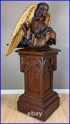 57 Tall Antique Gothic Religious Angel Pulpit/Lectern/Statue in Gilded Oak Wood