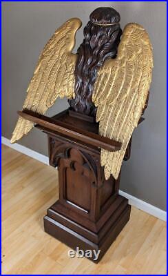 57 Tall Antique Gothic Religious Angel Pulpit/Lectern/Statue in Gilded Oak Wood