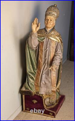 59 Religious Antique Painted Oak Wood Statue/Sculpture of Kneeling Pope Pius X