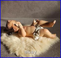 7.9 Antique Religious Sculpture Baby Child Jesus Crib Statue Glass Eyes