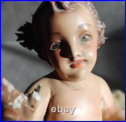 7.9 Antique Religious Sculpture Baby Child Jesus Crib Statue Glass Eyes