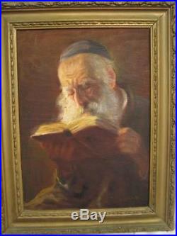 A Rabbi Reading Antique Original Painting Oil on board Signed Judaica