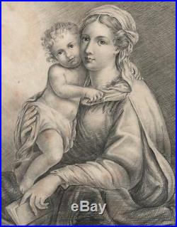 AFTER OLD MASTER MADONNA & CHILD Antique Pencil Drawing c1815