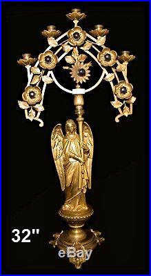 AMAZING ANTIQUE HUGE 32 INCH BRONZE RELIGIOUS ANGEL CHURCH CANDLESTICK 19th. C