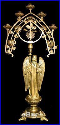 AMAZING ANTIQUE HUGE 32 INCH BRONZE RELIGIOUS ANGEL CHURCH CANDLESTICK 19th. C