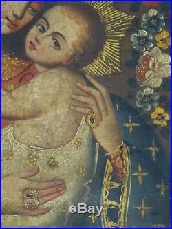 ANTIQUE 18c SPANISH COLONIAL CUZCO SCHOOL MADONNA AND CHILD OIL PAINTING
