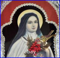 ANTIQUE 1920 FOLK ART RELIGIOUS BAS RELIEF PICTURE St Theresa Tin w Bubble Glass