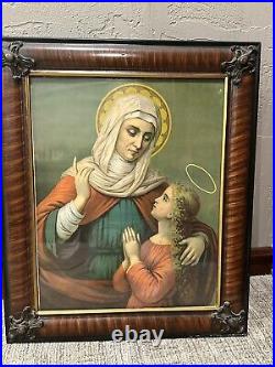 ANTIQUE 1930-40s ST. ANNE BLESSED VIRGIN MARY LITHO Religious Framed Art Deco VG
