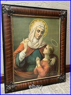 ANTIQUE 1930-40s ST. ANNE BLESSED VIRGIN MARY LITHO Religious Framed Art Deco VG