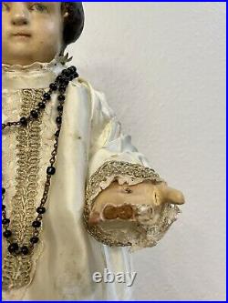 ANTIQUE 19TH C CARVED WOOD & GESSO RELIGIOUS SANTOS BABY JESUS With SILVER CROWN