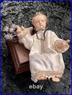 ANTIQUE 19TH C CARVED WOOD & GESSO RELIGIOUS SANTOS BABY JESUS With SILVER CROWN