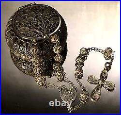 ANTIQUE 75 YR OLD EURO SILVER FILIGREE ROSARY & HINGED FILIGEE BOX 26gm 15L