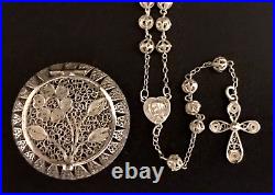 ANTIQUE 75 YR OLD EURO SILVER FILIGREE ROSARY & HINGED FILIGEE BOX 26gm 15L