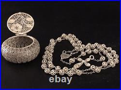 ANTIQUE 75 YR OLD EURO SILVER FILIGREE ROSARY & HINGED FILIGEE BOX 26gm 15L