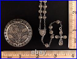 ANTIQUE 75 YR OLD EURO SILVER FILIGREE ROSARY & HINGED FILIGEE BOX 26gm 15L