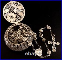 ANTIQUE 75 YR OLD EURO SILVER FILIGREE ROSARY & HINGED FILIGEE BOX 26gm 15L