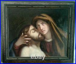 ANTIQUE BAROQUE OIL PAINTING ON CANVAS WITH FRAME RELIGIOUS SCENE end 1700