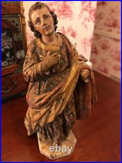 ANTIQUE CARVED WOOD POLYCHROME SANTOS Religious Folk Art Statue gilt cloak 11