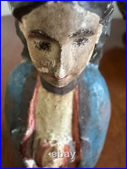 ANTIQUE CARVED WOOD RELIGIOUS STATUE 9 x 3 x 3 INCHES