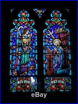 ANTIQUE CHURCH RELIGIOUS STAINED GLASS WINDOW ANNUNCIATION OF MARY with ST GABRIEL