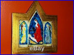 ANTIQUE Ceramic Wood Triptych Religious Artwork Guardian Angel Praying for Child