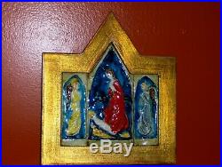 ANTIQUE Ceramic Wood Triptych Religious Artwork Guardian Angel Praying for Child
