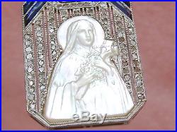 ANTIQUE DECO DIAMOND SAPPHIRE MOTHER of PEARL ST TERESA RELIGIOUS PENDANT 1920