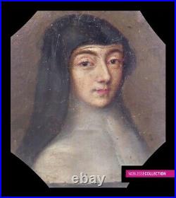 ANTIQUE END OF 17th CENTURY FRENCH MINIATURE PAINTING OIL ON BRASS Portrait Nun