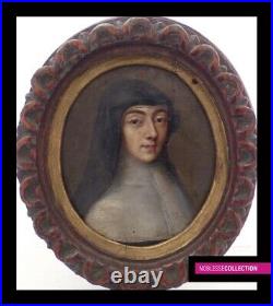 ANTIQUE END OF 17th CENTURY FRENCH MINIATURE PAINTING OIL ON BRASS Portrait Nun